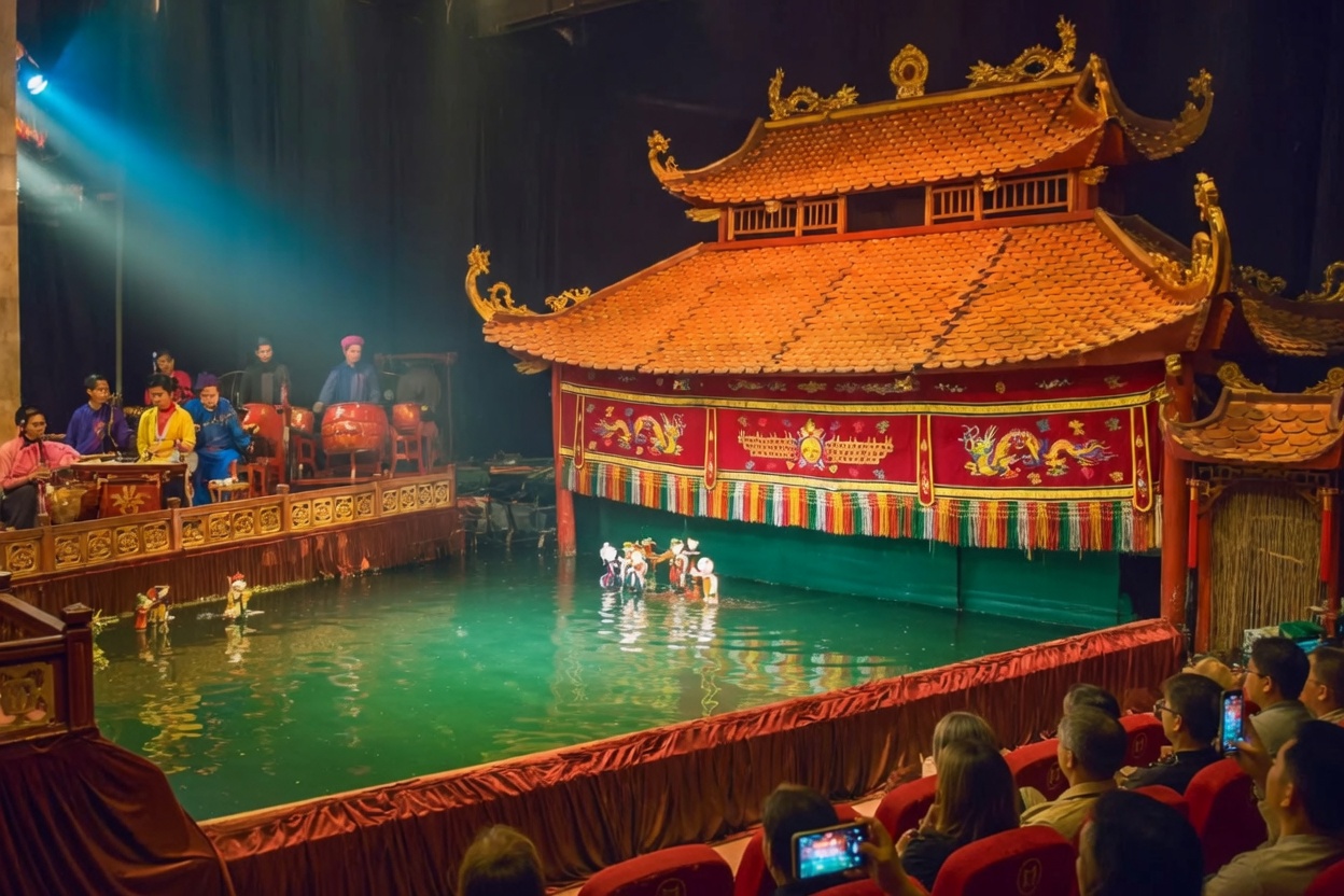 Water puppet performance on a stage with red lacquered pillars in Hanoi